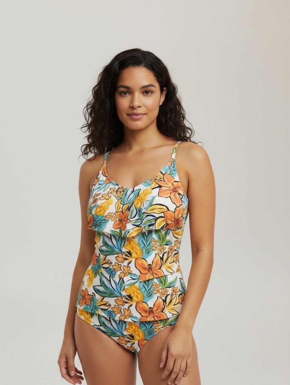 Into The Bleu Tropical Floral Ruffle Tankini Top Small TOP ONLY